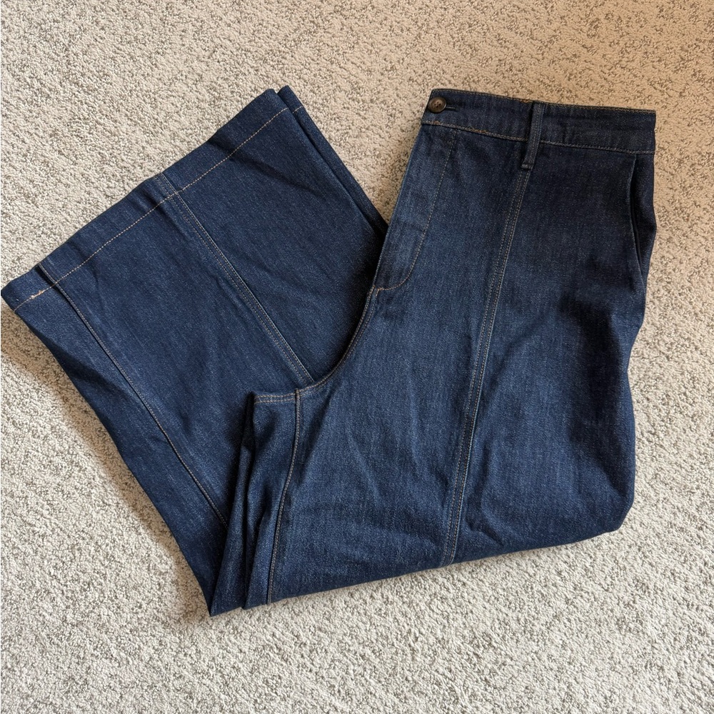 PAIGE Dark Wash Wide Leg Cropped Trouser Jeans Front Seam High Rise Size 31 - Picture 3 of 6